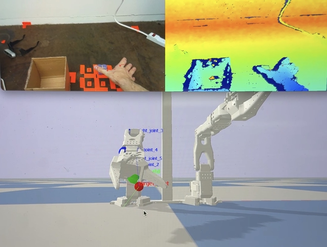 PyBullet simulation preview with RGB, depth, and robot panels